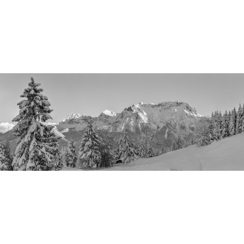 Winterlandschaft Karwendelblick sw Schnee auf den Bäumen und Bergen
