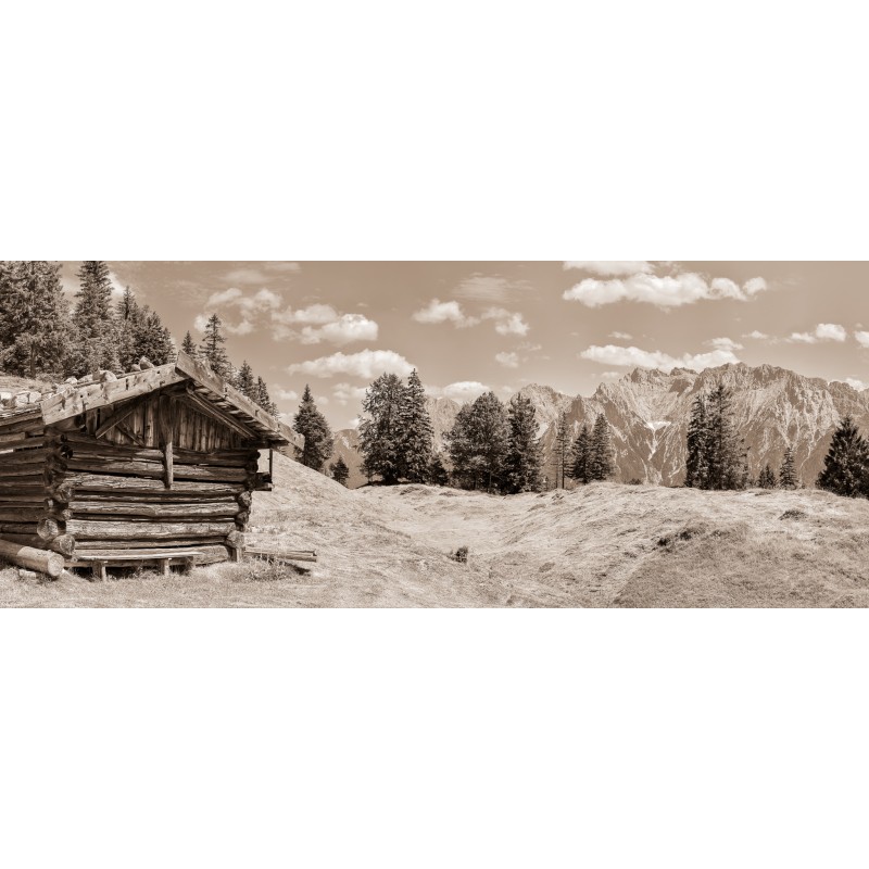 Uriger Stadel vor dem Karwendelgebirge - sepia